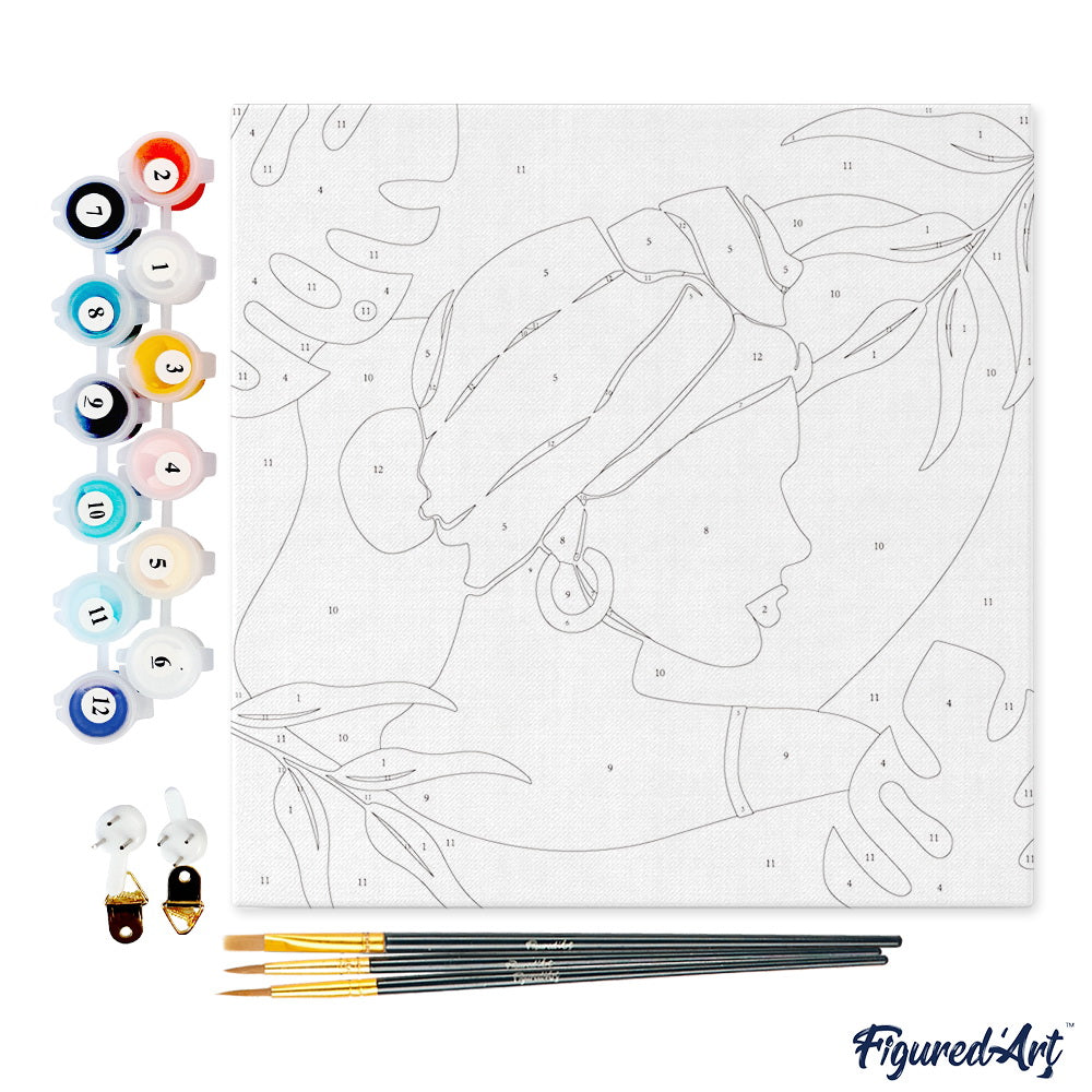 Mini Paint by numbers Abstract Woman in Blush Red Turban 20x20cm already framed