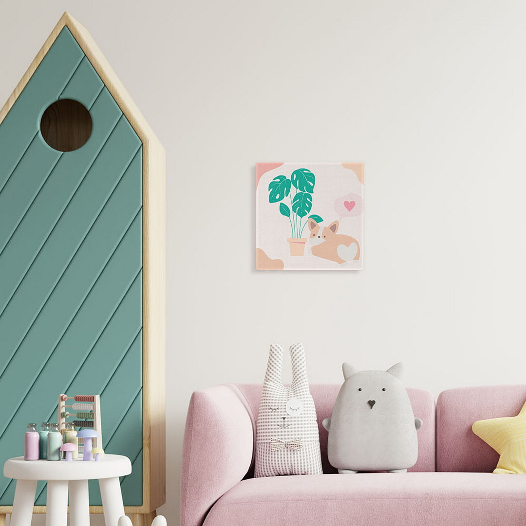 Mini Paint by numbers Little Puppy Loves Monstera 20x20cm already framed