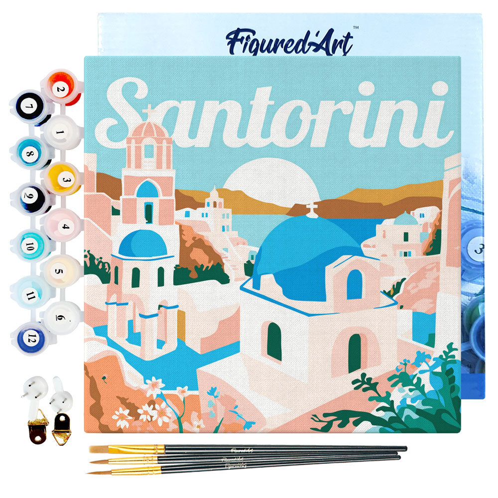 Mini Paint by numbers Travel Poster Santorini Sunrise 20x20cm already framed