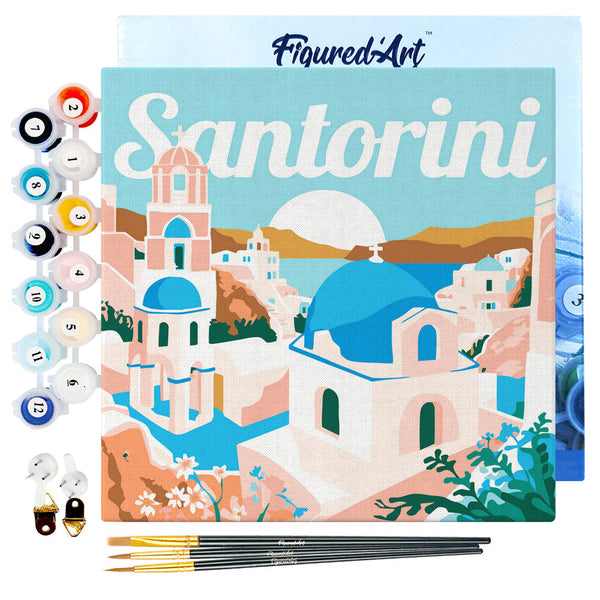 Mini Paint by numbers Travel Poster Santorini Sunrise 20x20cm already framed