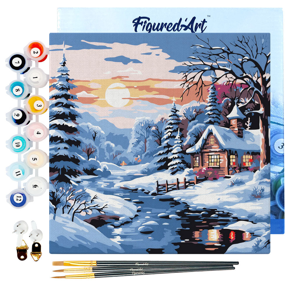 Mini Paint by numbers Lovely Winter Cottage 20x20cm already framed