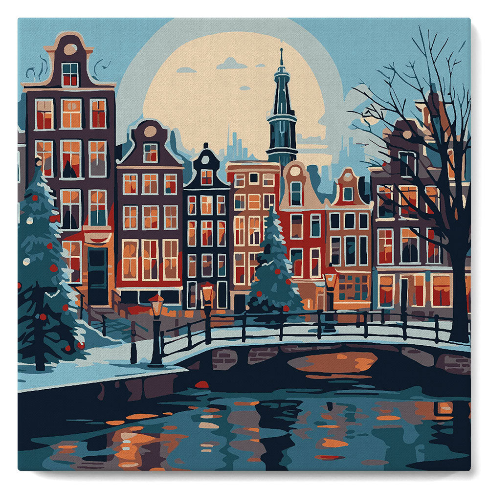 Mini Paint by numbers Christmas in Amsterdam 20x20cm already framed Figured'Art UK