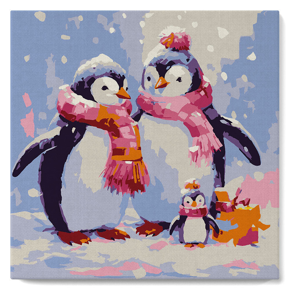 Mini Paint by numbers Penguin Family in Snow 20x20cm already framed Figured'Art UK