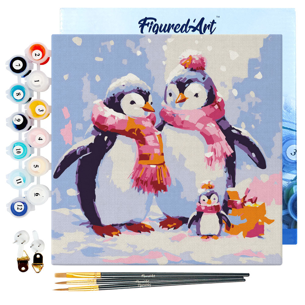 Mini Paint by numbers Penguin Family in Snow 20x20cm already framed